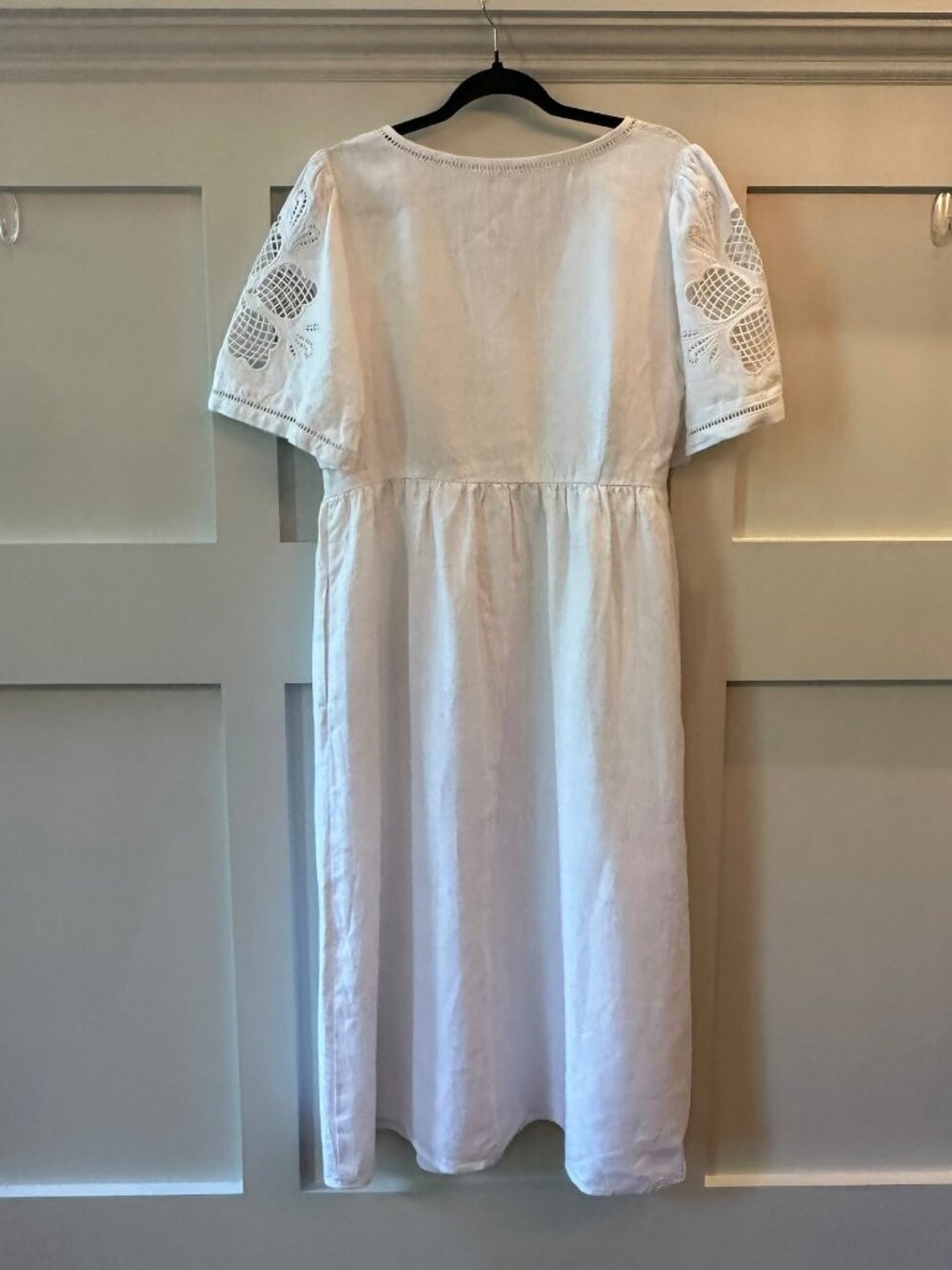 🤍 Madewell White Linen Midi Dress M 🌿 Cottagecore Embroidered Sleeve Boho - Picture 4 of 13